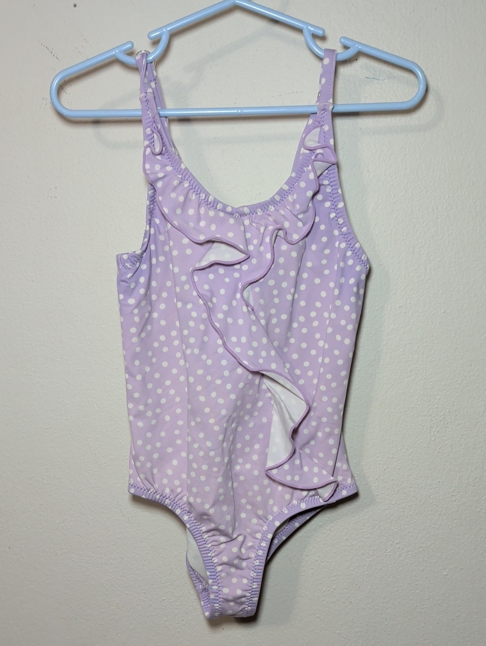 Garnet Hill Polka Dot One-Piece Swimsuit Lilac + White Ruffle Front Girls Size 3